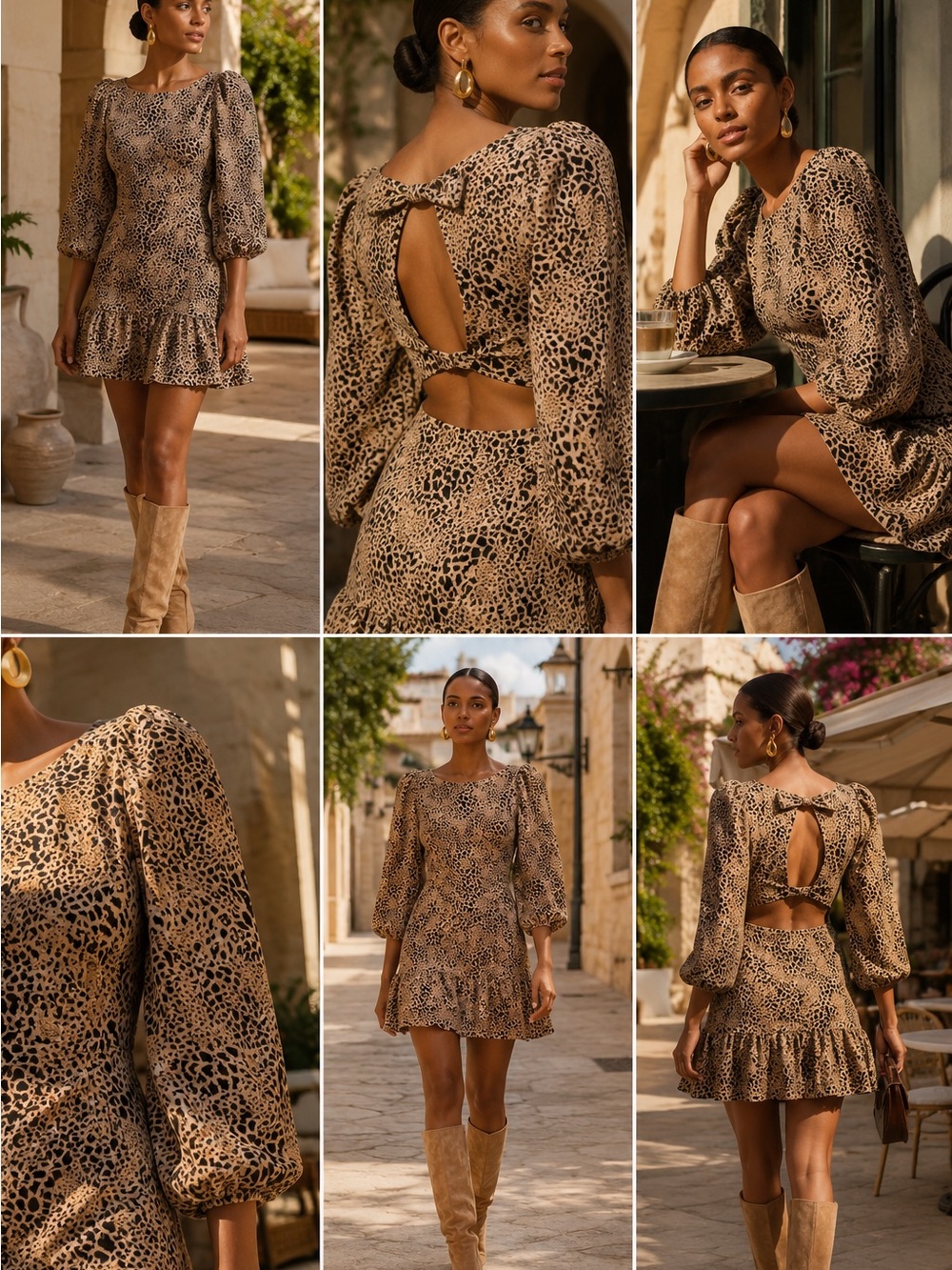Leopard Print Mini Dress Size 10Anthropologie Puff Sleeve Open Back Ruffle Dress